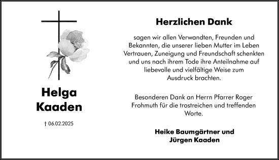 Traueranzeige von Helga Kaaden von Odenwälder Echo