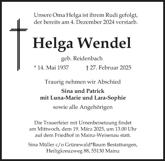 Traueranzeige von Helga Wendel von Allgemeine Zeitung Mainz