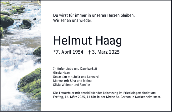 Traueranzeige von Helmut Haag von Allgemeine Zeitung Mainz