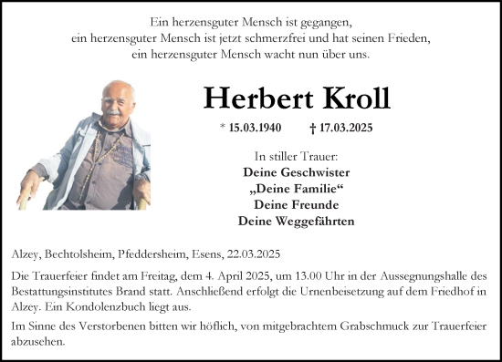 Traueranzeige von Herbert Kroll von Allgemeine Zeitung Alzey