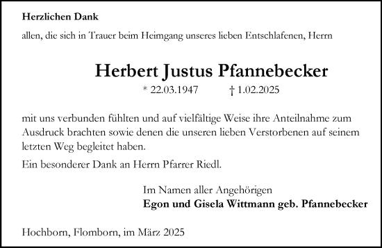 Traueranzeige von Herbert Justus Pfannebecker von Allgemeine Zeitung Alzey