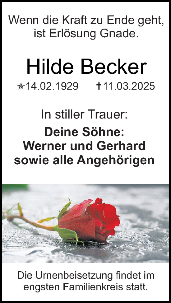 Traueranzeige von Hilde Becker von Allgemeine Zeitung Mainz