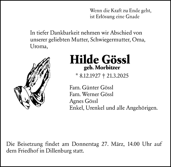 Traueranzeige von Hilde Gössl von Dill Block