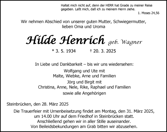Traueranzeige von Hilde Henrich von Dill Block