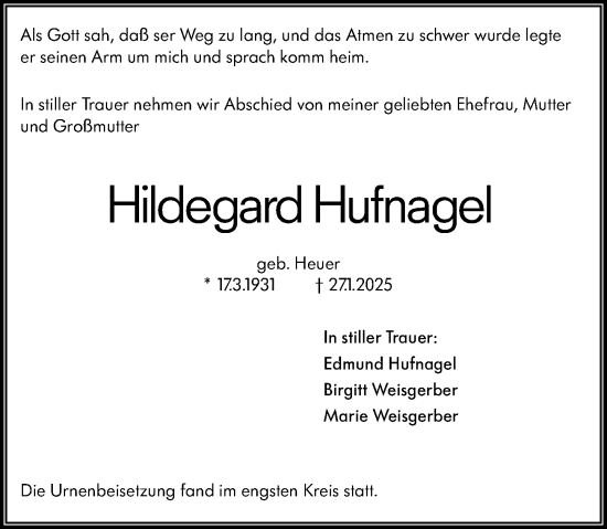 Traueranzeige von Hildegard Hufnagel von Wiesbadener Kurier