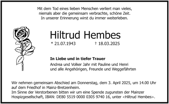 Traueranzeige von Hiltrud Hembes von Allgemeine Zeitung Mainz