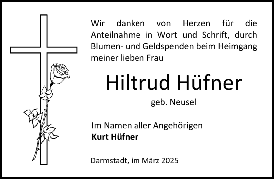 Traueranzeige von Hiltrud Hüfner von Darmstädter Echo