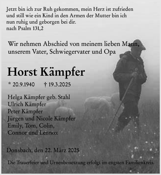 Traueranzeige von Horst Kämpfer von Dill Block