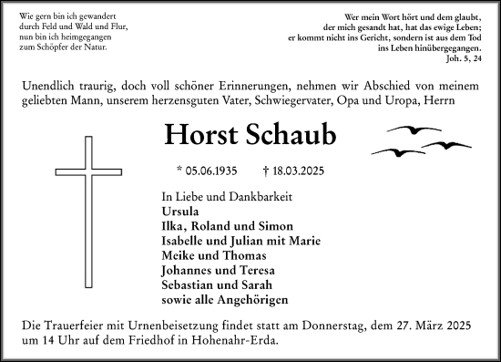 Traueranzeige von Horst Schaub von Wetzlarer Neue Zeitung