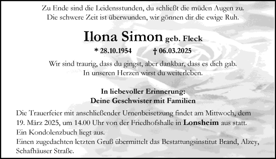 Traueranzeige von Ilona Simon von Allgemeine Zeitung Alzey
