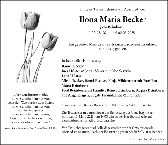 Traueranzeige von Ilona Maria Becker von Hinterländer Anzeiger