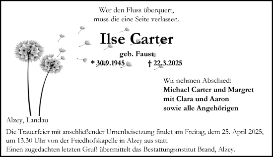 Traueranzeige von Ilse Carter von Allgemeine Zeitung Alzey