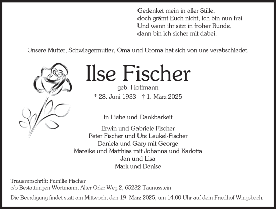 Traueranzeige von Ilse Fischer von Wiesbadener Kurier