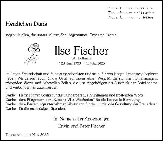 Traueranzeige von Ilse Fischer von Wiesbadener Kurier