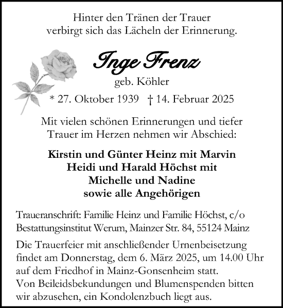 Traueranzeige von Inge Frenz von Allgemeine Zeitung Mainz