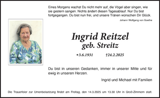 Traueranzeige von Ingrid Reitzel von Darmstädter Echo