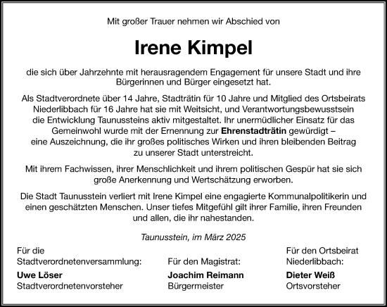 Traueranzeige von Irene Kimpel von Idsteiner Land/Untertaunus