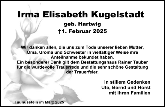 Traueranzeige von Irma Elisabeth Kugelstadt von Idsteiner Land/Untertaunus
