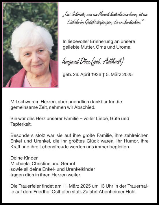 Traueranzeige von Irmgard Dörr von Wormser Zeitung