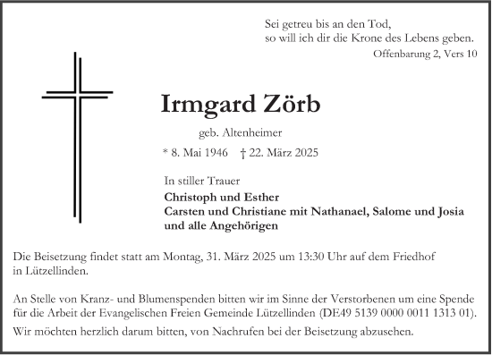 Traueranzeige von Irmgard Zörb von Wetzlarer Neue Zeitung