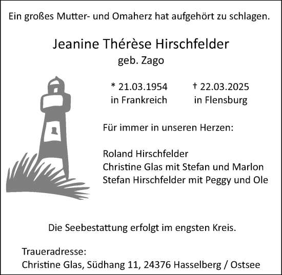 Traueranzeige von Jeanine Thérèse Hirschfelder von Rüsselsheimer Echo