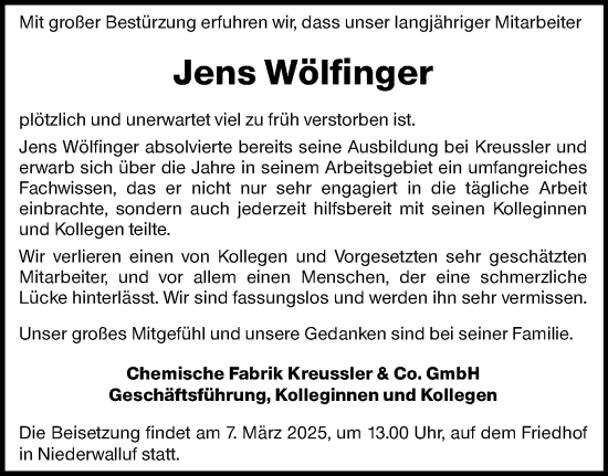 Traueranzeige von Jens Wölfinger von Wiesbadener Kurier