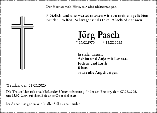 Traueranzeige von Jörg Pasch von Wetzlarer Neue Zeitung
