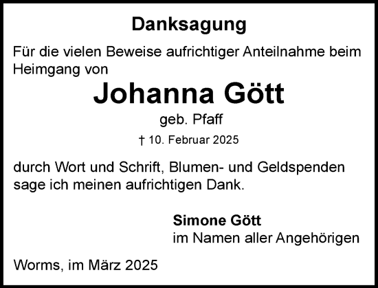 Traueranzeige von Johanna Gött von Wormser Zeitung