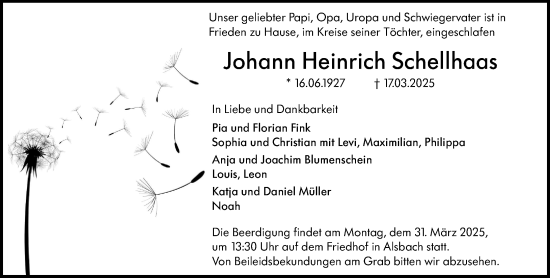 Traueranzeige von Johann Heinrich Schellhaas von Darmstädter Echo