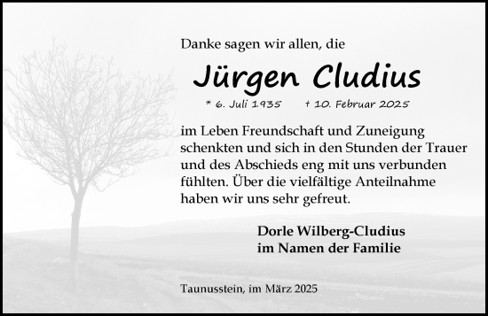 Traueranzeige von Jürgen Cludius von Idsteiner Land/Untertaunus