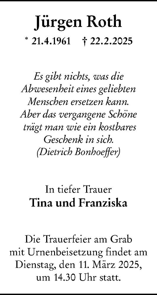 Traueranzeige von Jürgen Roth von Hochheimer Zeitung