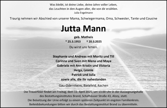 Traueranzeige von Jutta Mann von Allgemeine Zeitung Alzey