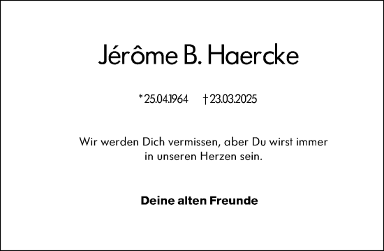 Traueranzeige von Jérome Haercke von Wiesbadener Kurier