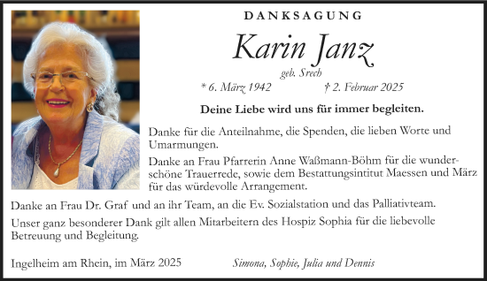 Traueranzeige von Karin Janz von Allgemeine Zeitung Rheinhessen-Nahe