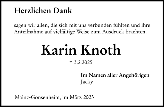 Traueranzeige von Karin Knoth von Allgemeine Zeitung Mainz