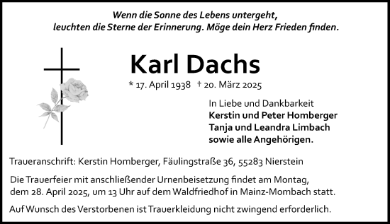 Traueranzeige von Karl Dachs von Allgemeine Zeitung Mainz