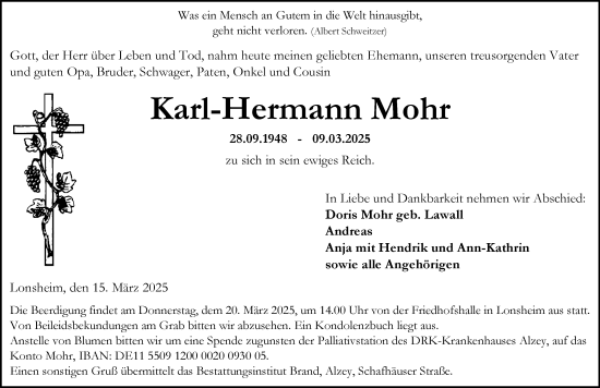 Traueranzeige von Karl-Hermann Mohr von Allgemeine Zeitung Alzey
