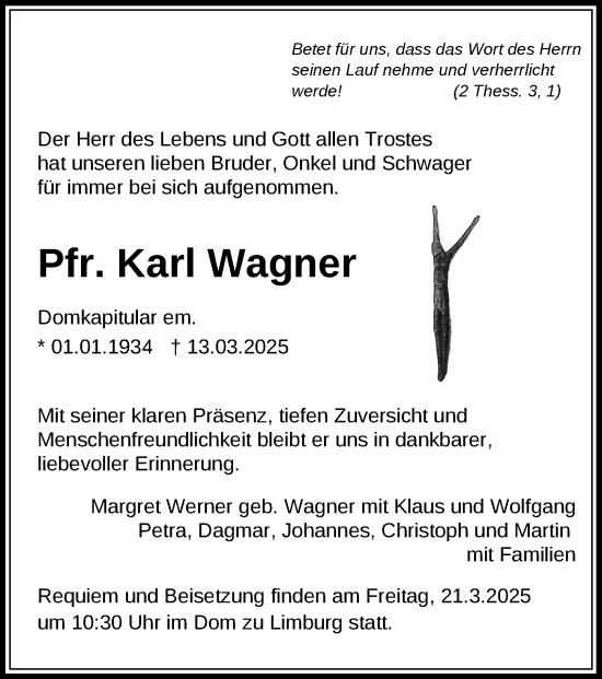 Traueranzeige von Karl Wagner von Nassauische Neue Presse
