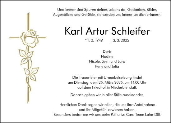 Traueranzeige von Karl Artur Schleifer von Weilburger Tageblatt