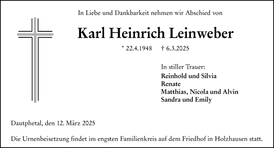Traueranzeige von Karl Heinrich Leinweber von Hinterländer Anzeiger