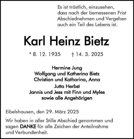 Traueranzeige von Karl Heinz Bietz von Dill Block