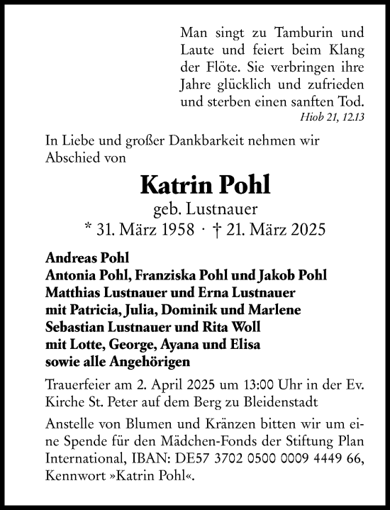 Traueranzeige von Katrin Pohl von Idsteiner Land/Untertaunus