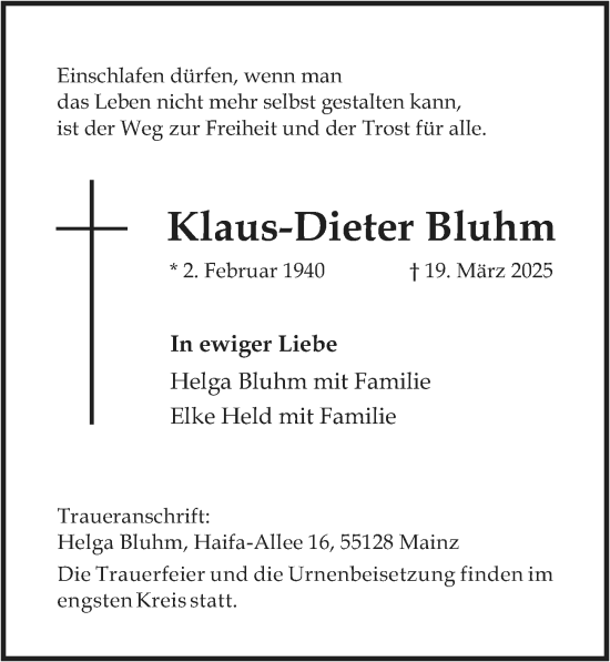 Traueranzeige von Klaus-Dieter Bluhm von Allgemeine Zeitung Mainz