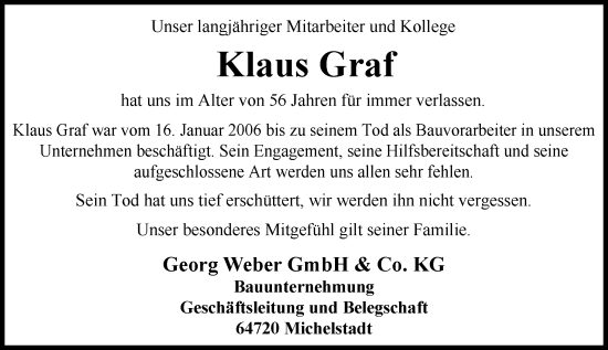 Traueranzeige von Klaus Graf von Odenwälder Echo