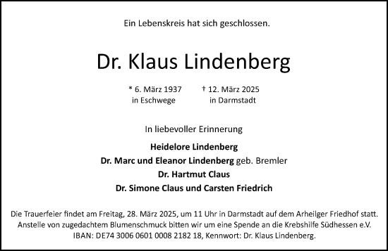 Traueranzeige von Klaus Lindenberg von Darmstädter Echo