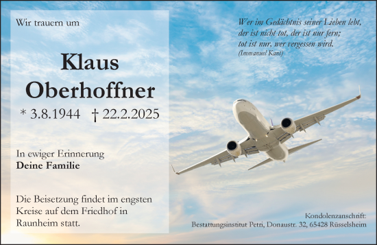 Traueranzeige von Klaus Oberhoffner von Rüsselsheimer Echo