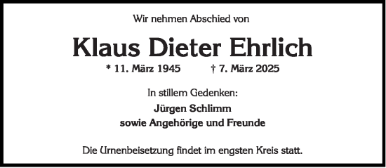Traueranzeige von Klaus Dieter Ehrlich von Wiesbadener Kurier