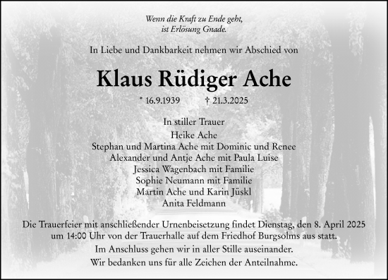 Traueranzeige von Klaus Rüdiger Ache von Wetzlarer Neue Zeitung