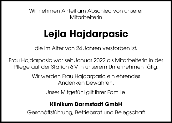 Traueranzeige von Lejla Hajdarpasic von Darmstädter Echo