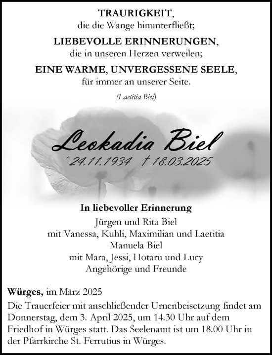 Traueranzeige von Leokadia Biel von Camberger Anzeiger